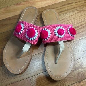 Anthropologie Pink Flower Beaded‎ Pom Pom Sandals Sz 7